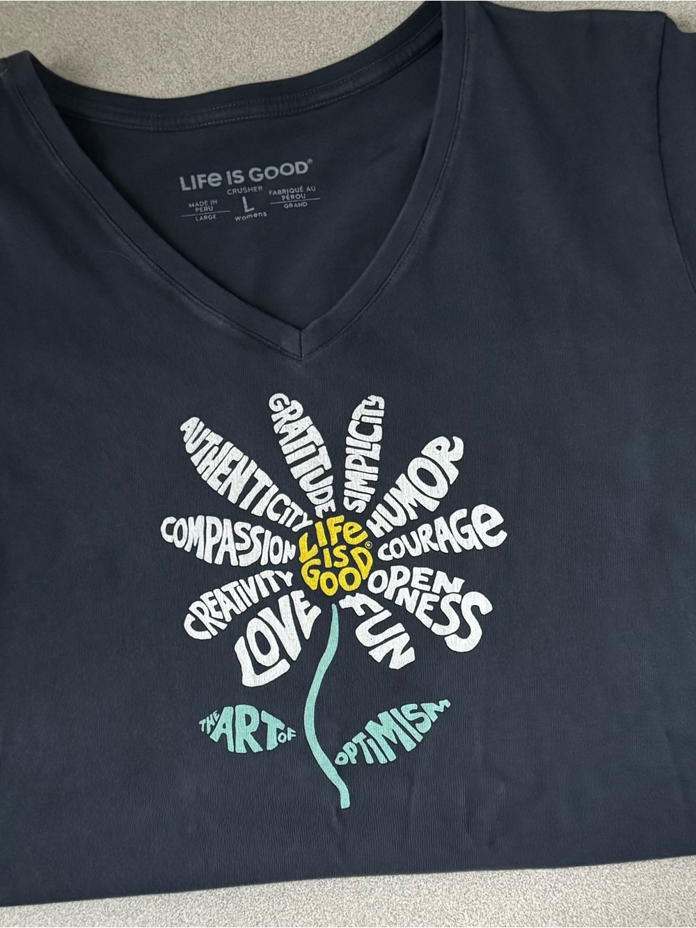 Life Is Good Navy Cotton V-Neck Tee with White Tag Print, Large - Picture 2 of 4